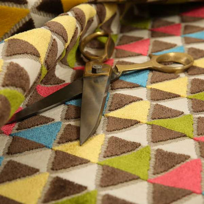 Ziani Geometric Le Triangle Pattern In Vibrant Green Pink Yellow Brown Blue Colour Velvet Upholstery Fabric JO-63 - Roman Blinds