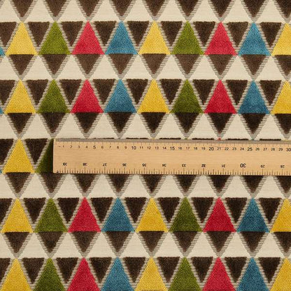 Ziani Geometric Le Triangle Pattern In Vibrant Green Pink Yellow Brown Blue Colour Velvet Upholstery Fabric JO-63 - Roman Blinds