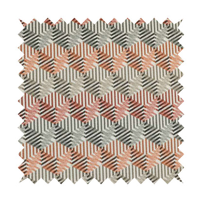 Rhythm Fabrics Collection 3D Effect Geometric Pattern In Red Orange Grey Colour Chenille Upholstery Fabric JO-633