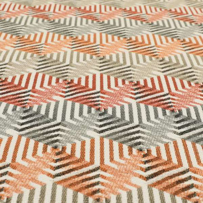 Rhythm Fabrics Collection 3D Effect Geometric Pattern In Red Orange Grey Colour Chenille Upholstery Fabric JO-633