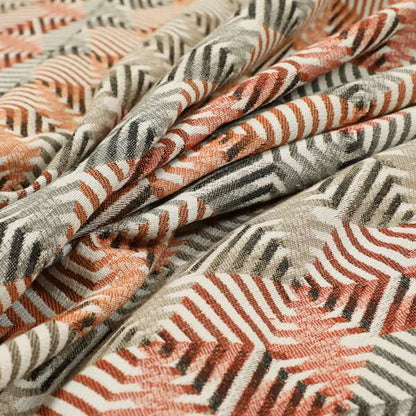 Rhythm Fabrics Collection 3D Effect Geometric Pattern In Red Orange Grey Colour Chenille Upholstery Fabric JO-633 - Made To Measure Curtains