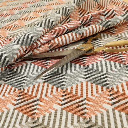 Rhythm Fabrics Collection 3D Effect Geometric Pattern In Red Orange Grey Colour Chenille Upholstery Fabric JO-633 - Made To Measure Curtains