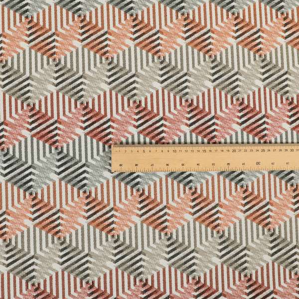 Rhythm Fabrics Collection 3D Effect Geometric Pattern In Red Orange Grey Colour Chenille Upholstery Fabric JO-633 - Made To Measure Curtains