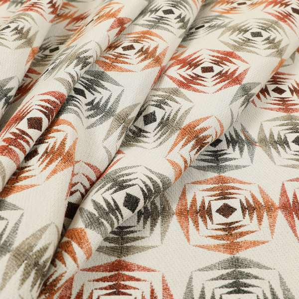 Rhythm Fabrics Collection Large Sharp Geometric Pattern In Red Orange Grey Colour Chenille Upholstery Fabric JO-641 - Made To Measure Curtains