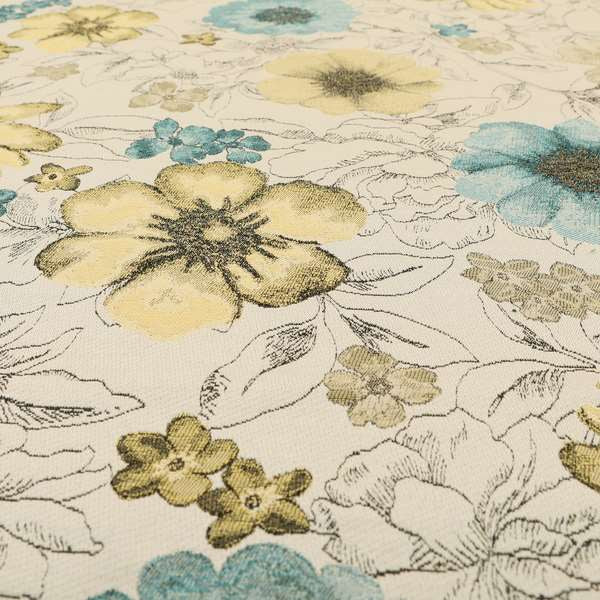 Rhythm Fabrics Collection Floral Pattern Blue Colour Chenille Upholstery Fabric JO-646 - Made To Measure Curtains