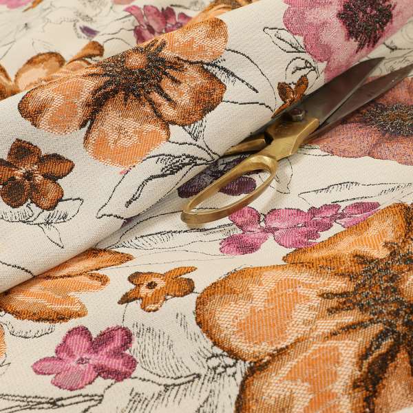 Rhythm Fabrics Collection Floral Pattern Pink Purple Orange Colour Chenille Upholstery Fabric JO-652 - Roman Blinds