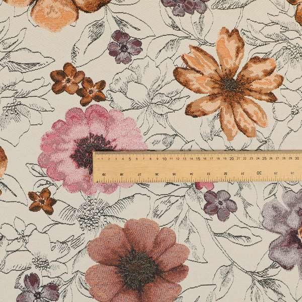 Rhythm Fabrics Collection Floral Pattern Pink Purple Orange Colour Chenille Upholstery Fabric JO-652 - Roman Blinds