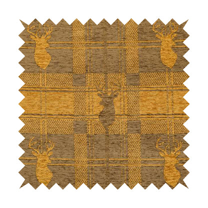 Highland Collection Luxury Soft Like Cotton Feel Stag Deer Head Animal Design On Checked Yellow Colour Background Chenille Upholstery Fabric JO-666