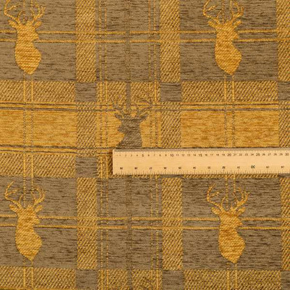 Highland Collection Luxury Soft Like Cotton Feel Stag Deer Head Animal Design On Checked Yellow Colour Background Chenille Upholstery Fabric JO-666 - Made To Measure Curtains