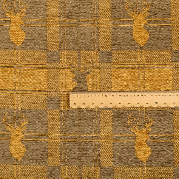 Highland Collection Luxury Soft Like Cotton Feel Stag Deer Head Animal Design On Checked Yellow Colour Background Chenille Upholstery Fabric JO-666