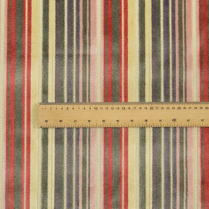 Ziani Cut Velvet Fabric In Broad Line Pattern Spring Red Yellow Grey Purple Colour JO-67 - Made To Measure Curtains