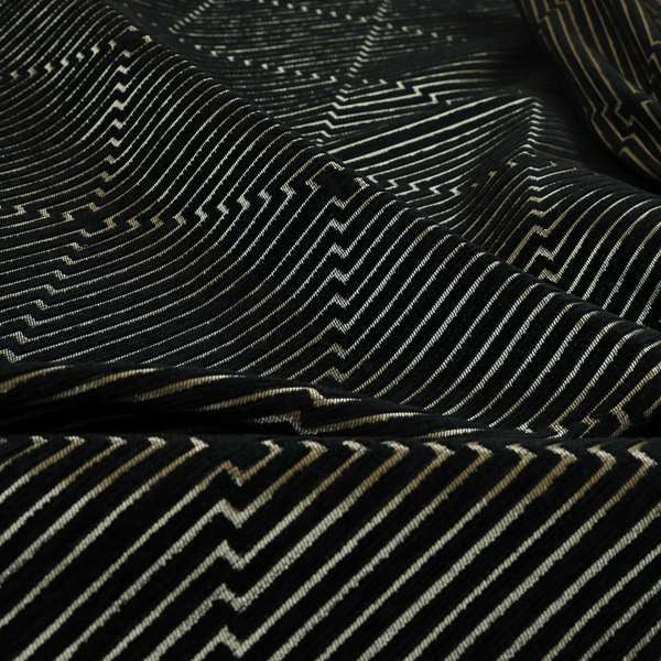 Vegas Black Gold Shine Effect Striped Pattern Soft Chenille Upholstery Fabric JO-681