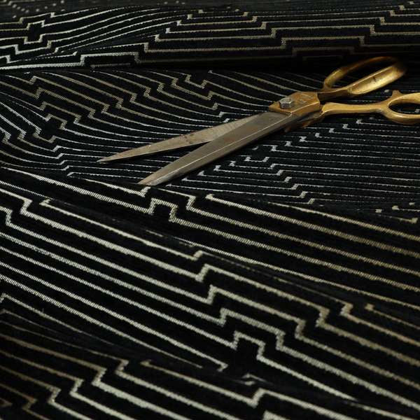 Vegas Black Gold Shine Effect Striped Pattern Soft Chenille Upholstery Fabric JO-681 - Made To Measure Curtains