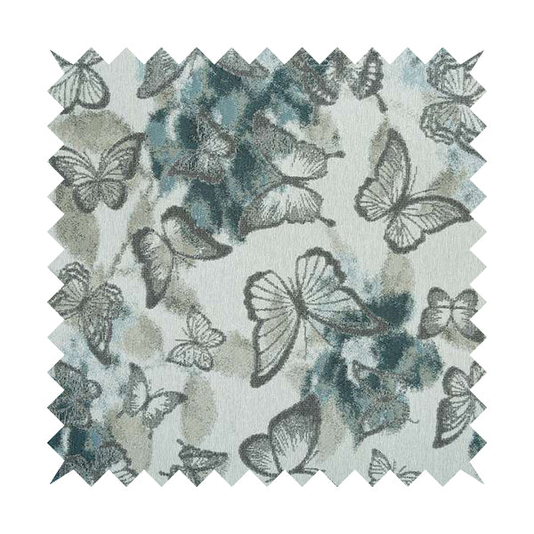 Pieridae Butterfly Pattern In Beige White Blue Colour Woven Soft Chenille Upholstery Fabric JO-69 - Made To Measure Curtains