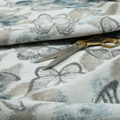 Pieridae Butterfly Pattern In Beige White Blue Colour Woven Soft Chenille Upholstery Fabric JO-69 - Roman Blinds