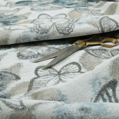 Pieridae Butterfly Pattern In Beige White Blue Colour Woven Soft Chenille Upholstery Fabric JO-69 - Made To Measure Curtains