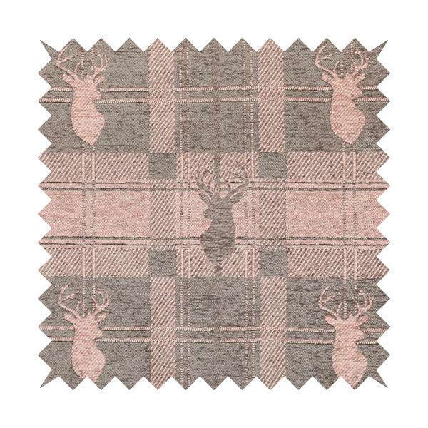 Highland Collection Luxury Soft Like Cotton Feel Stag Deer Head Animal Design On Checked Pink Brown Colour Background Chenille Upholstery Fabric JO-693 - Roman Blinds