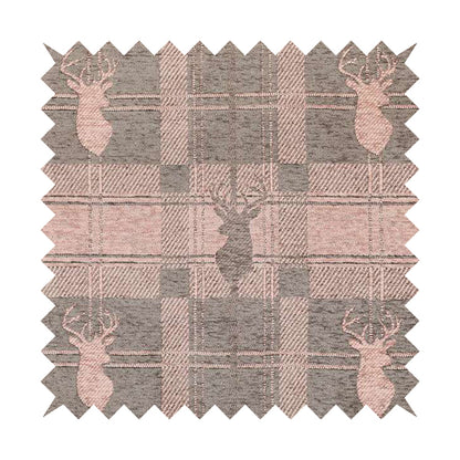Highland Collection Luxury Soft Like Cotton Feel Stag Deer Head Animal Design On Checked Pink Brown Colour Background Chenille Upholstery Fabric JO-693 - Roman Blinds