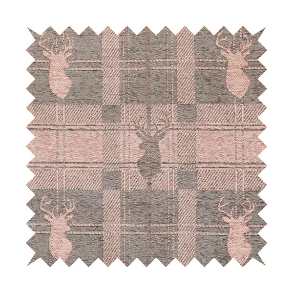 Highland Collection Luxury Soft Like Cotton Feel Stag Deer Head Animal Design On Checked Pink Brown Colour Background Chenille Upholstery Fabric JO-693