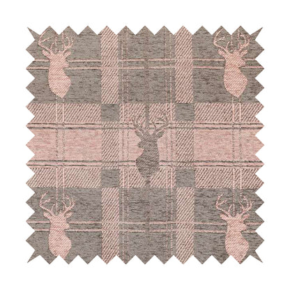 Highland Collection Luxury Soft Like Cotton Feel Stag Deer Head Animal Design On Checked Pink Brown Colour Background Chenille Upholstery Fabric JO-693