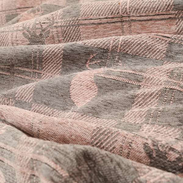 Highland Collection Luxury Soft Like Cotton Feel Stag Deer Head Animal Design On Checked Pink Brown Colour Background Chenille Upholstery Fabric JO-693