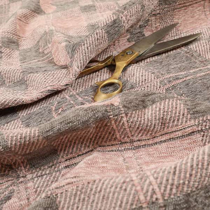 Highland Collection Luxury Soft Like Cotton Feel Stag Deer Head Animal Design On Checked Pink Brown Colour Background Chenille Upholstery Fabric JO-693 - Made To Measure Curtains