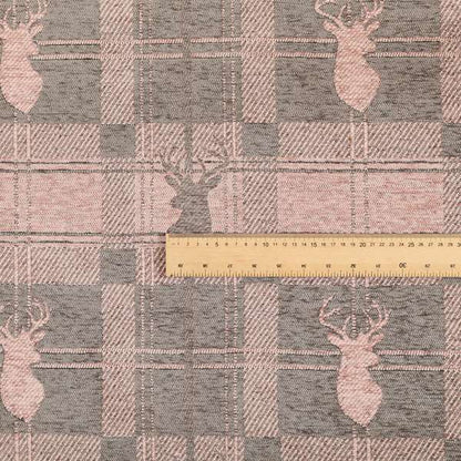 Highland Collection Luxury Soft Like Cotton Feel Stag Deer Head Animal Design On Checked Pink Brown Colour Background Chenille Upholstery Fabric JO-693 - Made To Measure Curtains