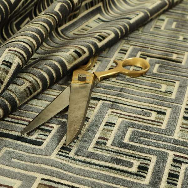 Maze Striped Grey Velvet Geometric Pattern Upholstery Fabric JO-703 - Roman Blinds