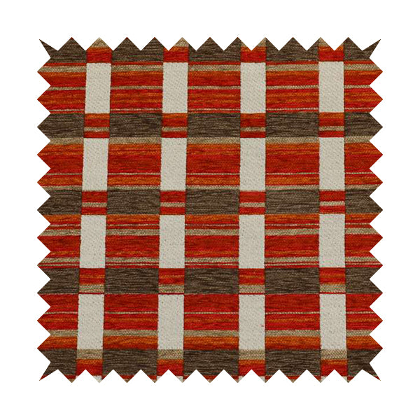 Modern Geometric Block Pattern Red Orange Brown Chenille Upholstery Fabric JO-705 - Made To Measure Curtains