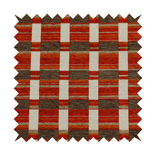 Modern Geometric Block Pattern Red Orange Brown Chenille Upholstery Fabric JO-705