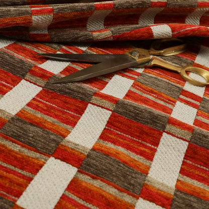 Modern Geometric Block Pattern Red Orange Brown Chenille Upholstery Fabric JO-705 - Made To Measure Curtains