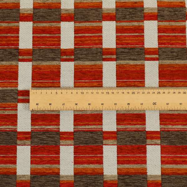 Modern Geometric Block Pattern Red Orange Brown Chenille Upholstery Fabric JO-705 - Made To Measure Curtains