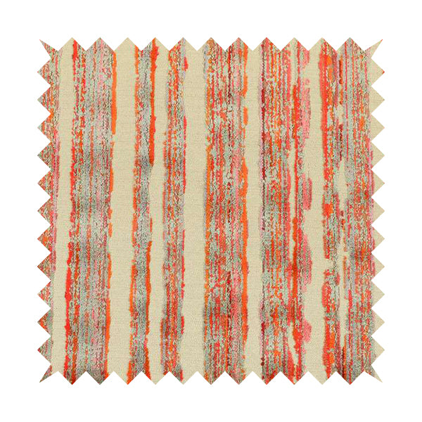 Vertical Striped Pattern In Red Orange Grey Colour Velvet Upholstery Fabric JO-715 - Made To Measure Curtains