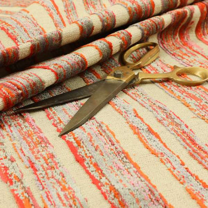 Vertical Striped Pattern In Red Orange Grey Colour Velvet Upholstery Fabric JO-715 - Made To Measure Curtains