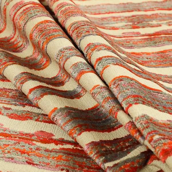 Vertical Striped Pattern In Red Orange Grey Colour Velvet Upholstery Fabric JO-715 - Made To Measure Curtains