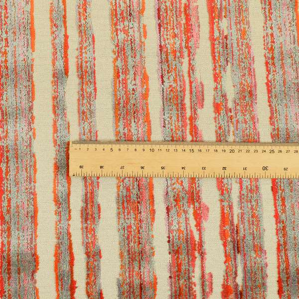 Vertical Striped Pattern In Red Orange Grey Colour Velvet Upholstery Fabric JO-715 - Made To Measure Curtains