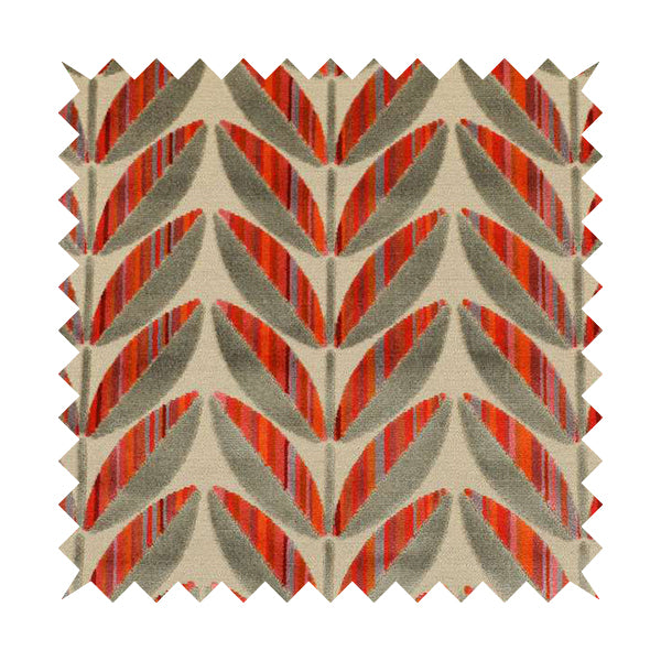 Floral Leaf Pattern In Red Orange Grey Colour Velvet Upholstery Fabric JO-716 - Made To Measure Curtains