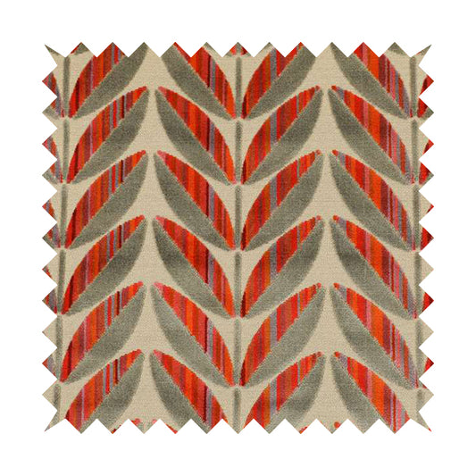 Floral Leaf Pattern In Red Orange Grey Colour Velvet Upholstery Fabric JO-716