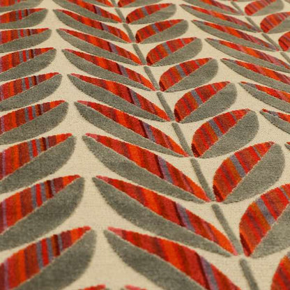 Floral Leaf Pattern In Red Orange Grey Colour Velvet Upholstery Fabric JO-716 - Made To Measure Curtains