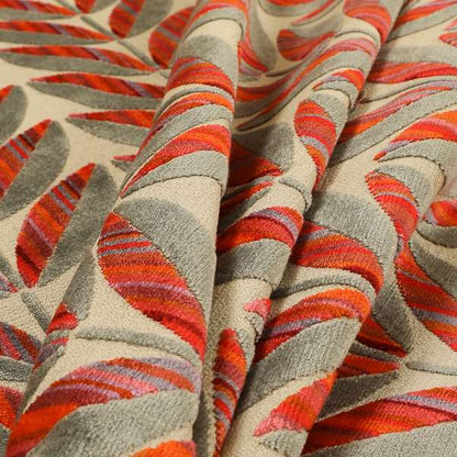 Floral Leaf Pattern In Red Orange Grey Colour Velvet Upholstery Fabric JO-716 - Made To Measure Curtains