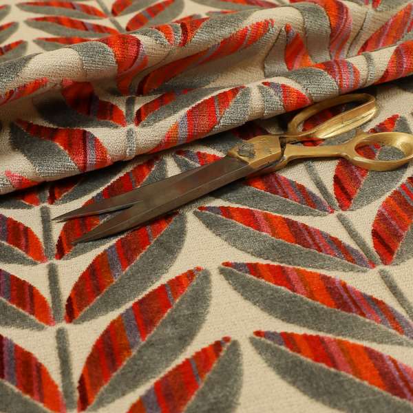 Floral Leaf Pattern In Red Orange Grey Colour Velvet Upholstery Fabric JO-716 - Made To Measure Curtains