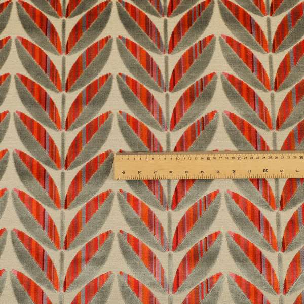 Floral Leaf Pattern In Red Orange Grey Colour Velvet Upholstery Fabric JO-716 - Roman Blinds