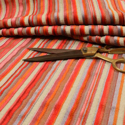 Railroaded Vertical Striped Pattern In Red Orange Grey Colour Velvet Upholstery Fabric JO-717 - Roman Blinds