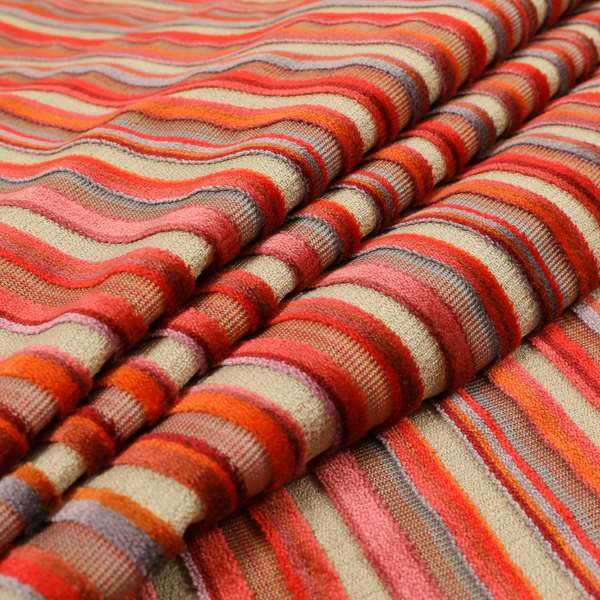 Railroaded Vertical Striped Pattern In Red Orange Grey Colour Velvet Upholstery Fabric JO-717 - Roman Blinds