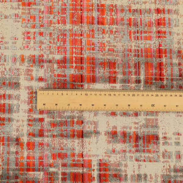 Abstract Pattern In Red Orange Grey Colour Velvet Upholstery Fabric JO-718 - Roman Blinds