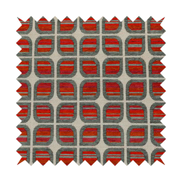 Modern Geometric Pattern In Red Grey Colour Chenille Upholstery Fabric JO-719