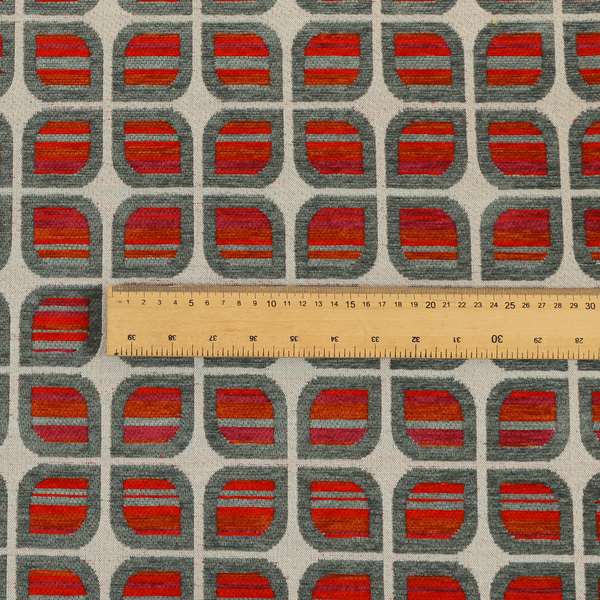 Modern Geometric Pattern In Red Grey Colour Chenille Upholstery Fabric JO-719