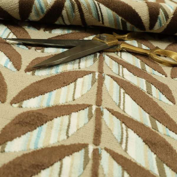 Leaf Floral Theme Pattern In Blue Brown Colour Velvet Upholstery Fabric JO-736 - Made To Measure Curtains