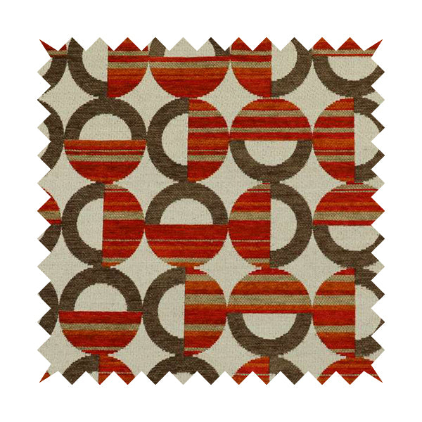 Circular Shape Modern Pattern In Brown Red Orange Colour Chenille Upholstery Fabric JO-753 - Made To Measure Curtains