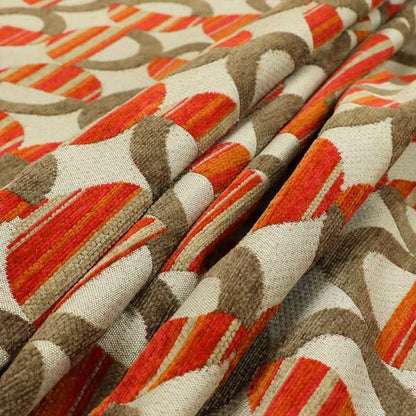 Circular Shape Modern Pattern In Brown Red Orange Colour Chenille Upholstery Fabric JO-753 - Made To Measure Curtains